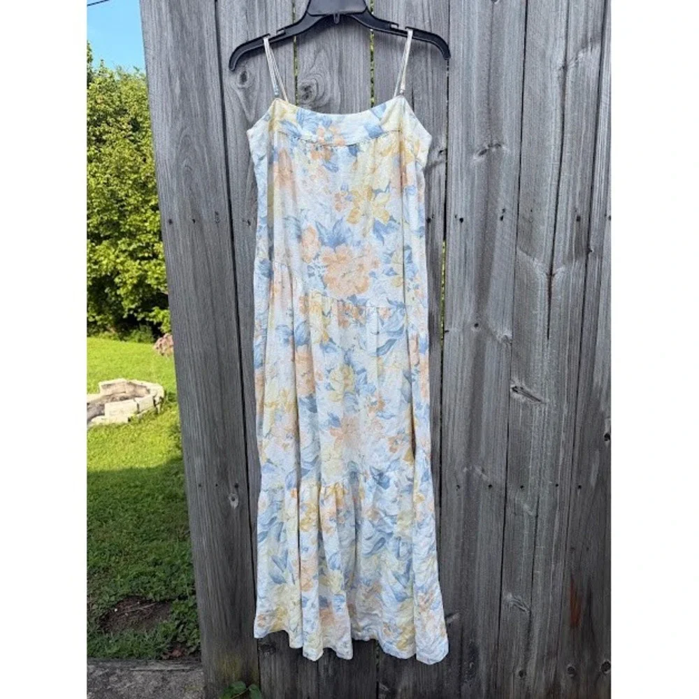 Cottagecore Boho Abercrombie & Fitch Maxi Dress MT Blue Floral Tiered Linen
